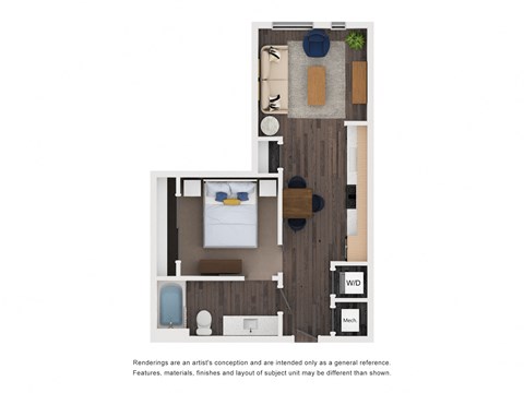 Floor plan for studio, 1 bath, 601 sqft